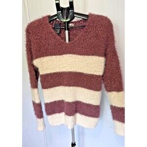 So Fluffy Furry Dark Pink White Sweater Size Medium M